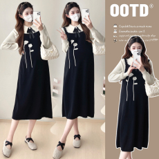 批发实拍大量现 2026春季新款针织撞色假两件宽松显瘦孕妇大码连衣裙