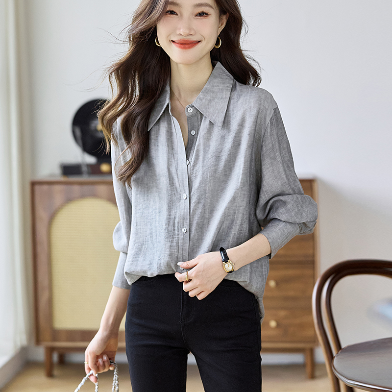 실사 외국 가스 봄 가을 새로운 여성 의류 폴로 칼라 단색 쉬폰 블라우스 맨위 오픈 가디건 여성 셔츠 기본 셔츠 셔츠