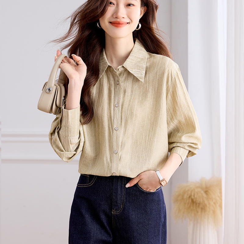 실사 외국 가스 봄 가을 새로운 여성 의류 폴로 칼라 단색 쉬폰 블라우스 맨위 오픈 가디건 여성 셔츠 기본 셔츠 셔츠