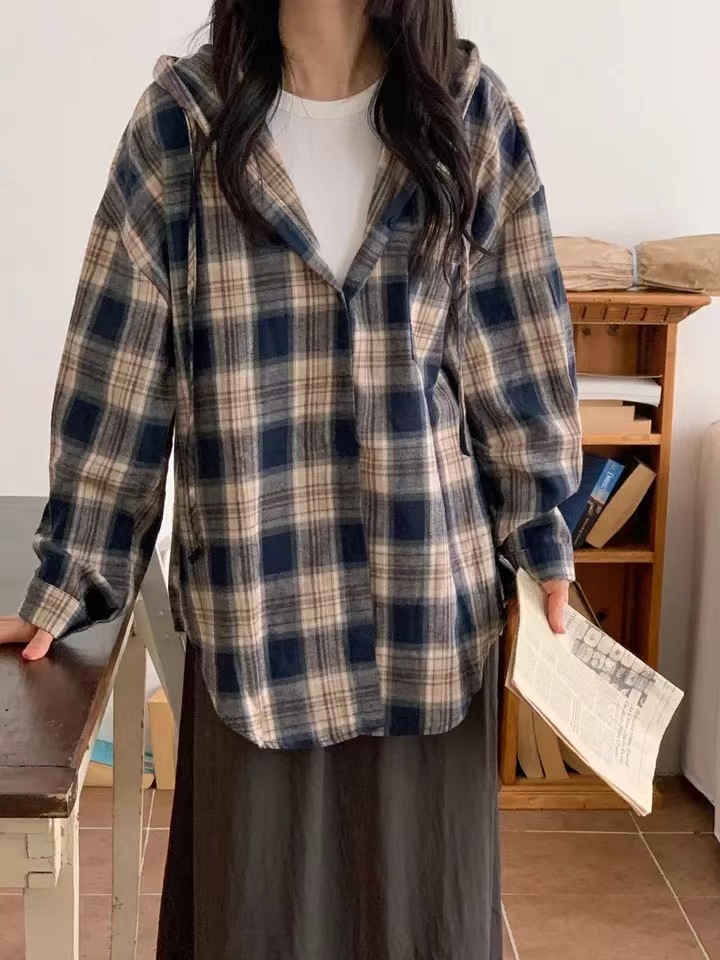 한국 스타일 봄 가을 클래식 후드 격자 무늬 셔츠 하라주쿠 스타일 캐주얼 셔츠 디자인 센스 긴팔 빅 사이즈 여성 코트