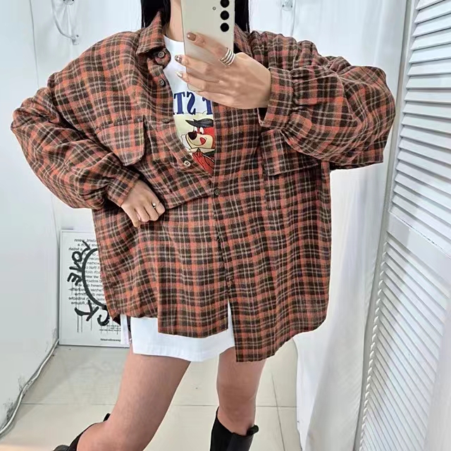 한국 스타일 봄 가을 연삭 털 격자 무늬 셔츠 빅 사이즈 캐주얼 디자인 센스 긴팔 셔츠 여성 코트 패션 맨위 트렌디
