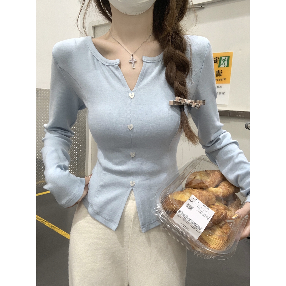 Actual shot of autumn and winter Korean style slim-fitting half-open collar fishbone buttons slimming versatile long-sleeved T-shirt bottoming top for women