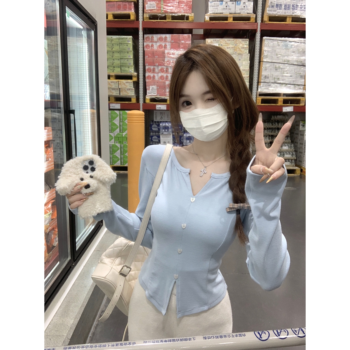 Actual shot of autumn and winter Korean style slim-fitting half-open collar fishbone love buttons versatile long-sleeved T-shirt bottoming top for women