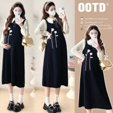 批发实拍孕妇装春秋装新款黑色假两件连衣<b class='q'>裙</b>宽松显瘦中长款<b class='q'>裙</b>子