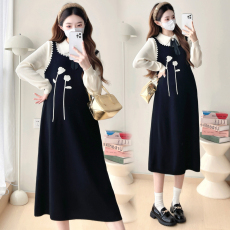 批发实拍孕妇装2025秋装新款黑色假两件连衣裙宽松显瘦中长款裙子