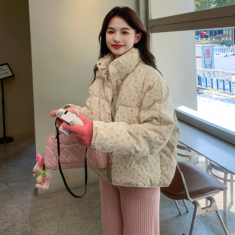 本檔實拍冬季新款韓系小碎花短款羽絨棉服立領加厚棉服學生外套女