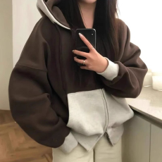 批发<b class='q'>韩国</b>chic秋季美式复古双拉链撞色宽松休闲百搭长袖连帽<b class='q'>卫衣</b>外套女