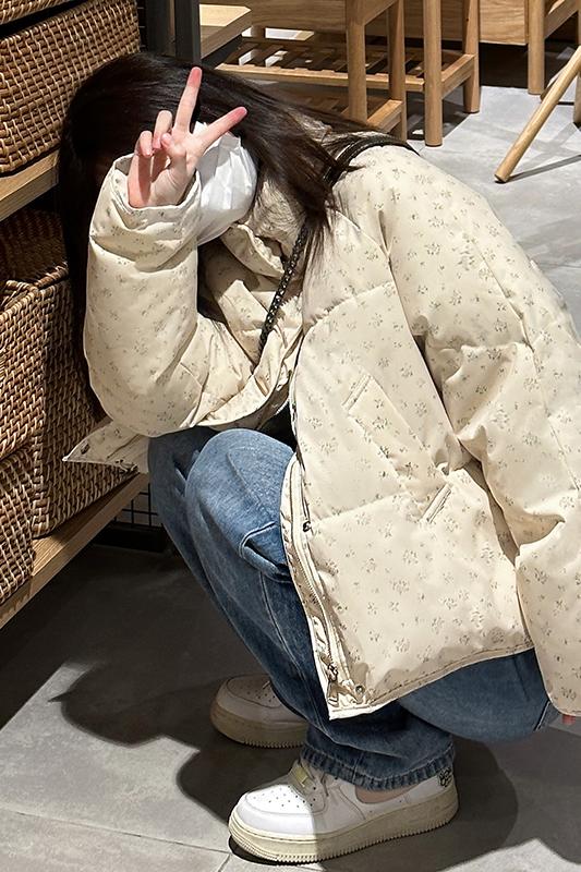 Winter new Korean style small floral short down cotton jacket with stand collar thickened bread cotton jacket for women