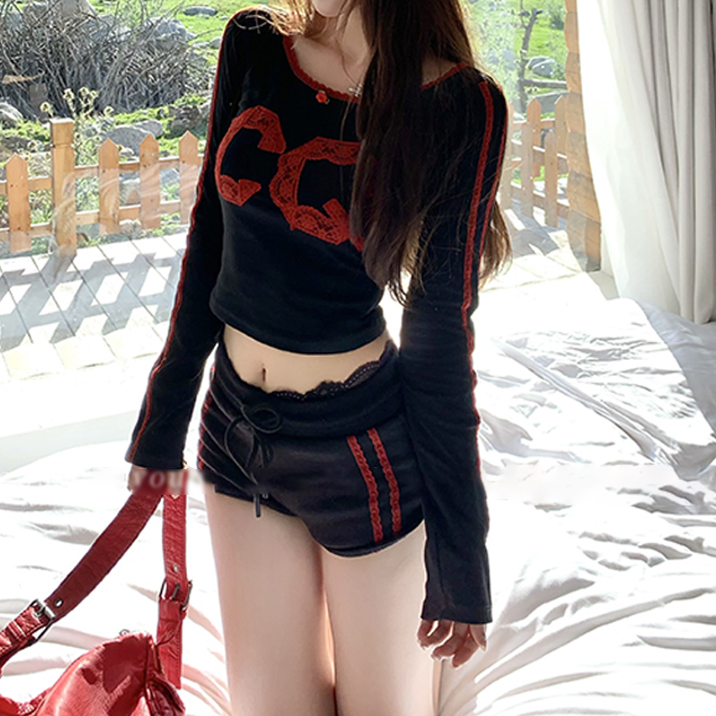 2024 early autumn new design letter round neck pullover knitted top lace shorts autumn matching set