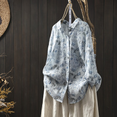 批发数码印花棉麻衬衫女宽松长袖秋夏新复古文艺休闲百搭单排扣衬衣