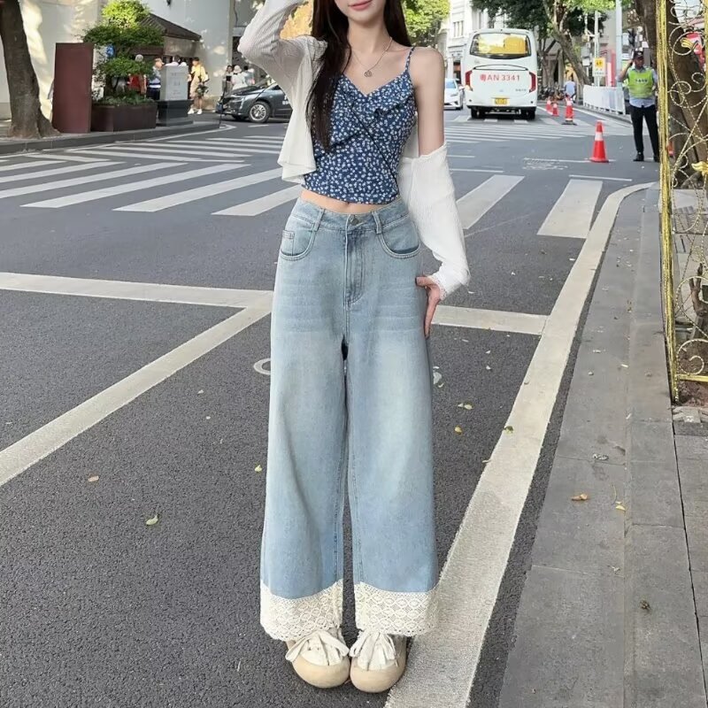 청바지 미니멀리즘 캐주얼 특별 와이드 와이드 레그 팬츠 9부 바지 중간 허리 봄 가을 단색