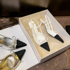 批发银色尖头高跟鞋2024春夏季细跟后空双拼浅口金色包头凉鞋女蝴蝶结