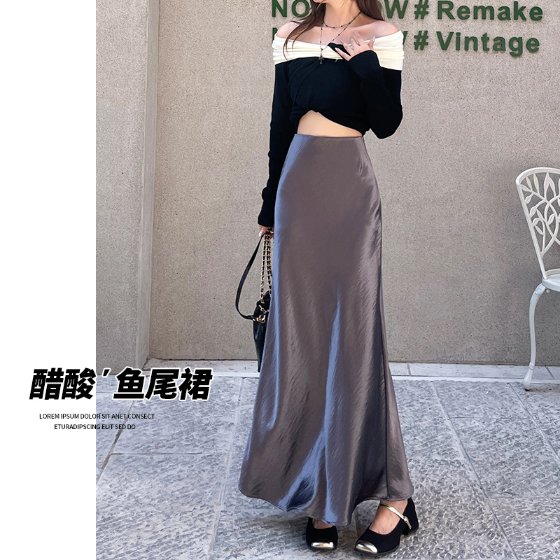 Thickened acetate satin half-sleeve skirt for women autumn and winter 2024 new high-end temperament medium-length skirt with a fish-tail skirt 