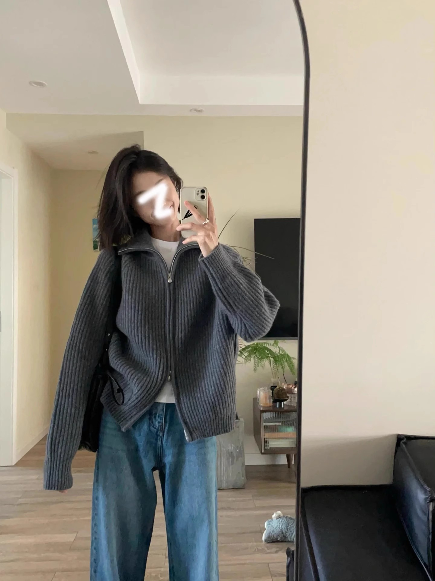 復古灰色翻領針織毛衣開衫外套女秋冬季寬鬆慵懶風外穿雙拉鏈高領