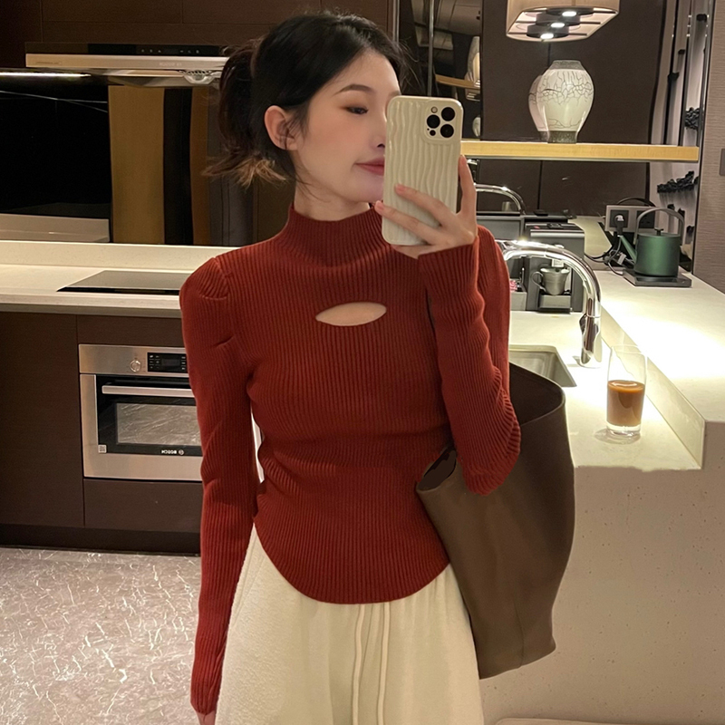 반하이넥 홀로우 아웃 니트 기본 셔츠 2026 새로운 여성 가을 겨울 몸매 가꾸기 고급 센스 맨위