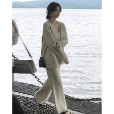 批发韩版<b class='q'>时尚</b>针织套装女2026秋季新款吊带背心+高腰松紧阔腿裤三件套