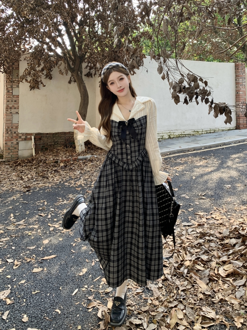 실사 빅 사이즈 여성 의류 학원 스타일 레트로 체크무늬 연령 감소 나비 매듭 드레스 표지 배 슬림해 보이는 달콤함 롱 스커트