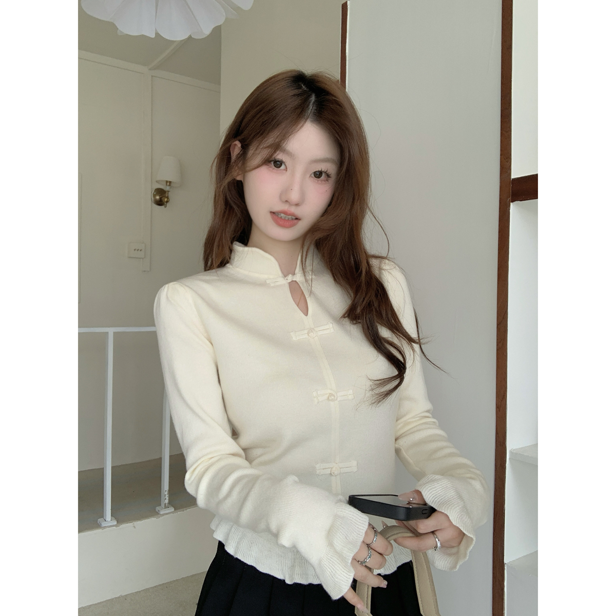 Real shot of autumn and winter Korean style half turtleneck temperament plate button lace design 6 wool knitted bottoming long-sleeved top