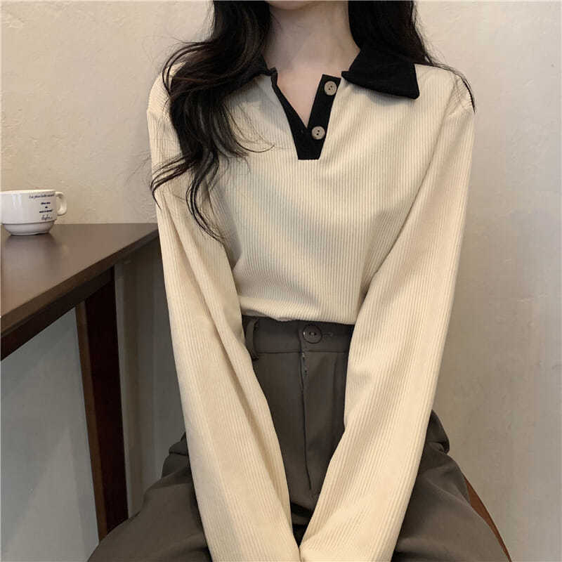 한국 대외 무역 한국 스타일 얇은 스타일 폴로 칼라 POLO 셔츠 긴팔 여성 다용도 슬림해 보이는 작은 대중 ins 인사이드 잡아라. 의류 트렌디