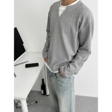 批发2024美式复古新款假两件长袖t恤男秋季ins<b class='q'>风</b>v领款卫衣宽松v领上衣