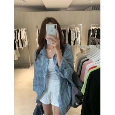 简约蓝色格子衬衫外套女2026秋季新款休闲时尚衬衣小衫