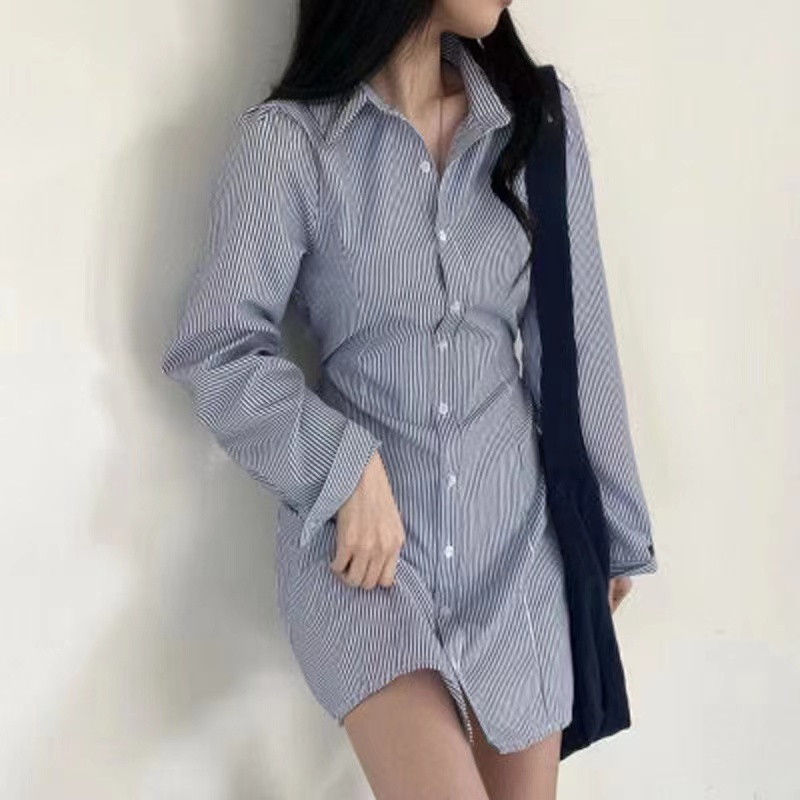 New age-reducing fresh striped slim shirt dress