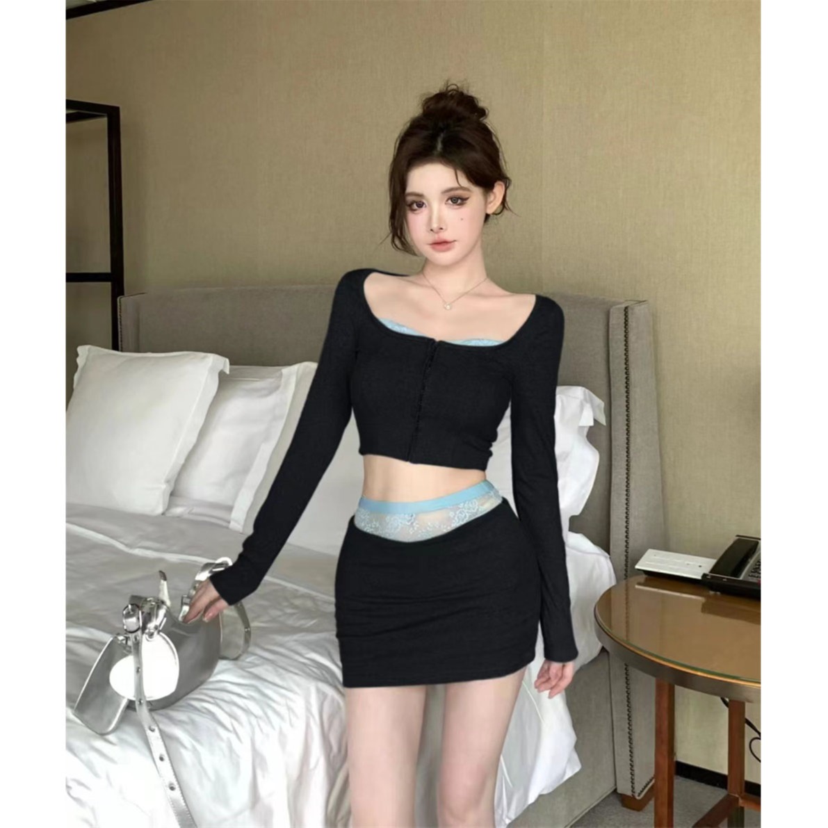 Real shot!  New American hot girl sexy slim long-sleeved lace casual knitted suit