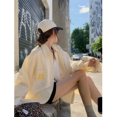 批发实价牙刷绣复古<b class='q'>休闲</b>亮黄色条纹<b class='q'>衬衫</b>女长袖百搭防晒<b class='q'>衬衣</b>外套叠穿