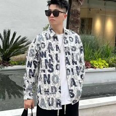 批发宽松型日系字母印花衬衫男长袖潮牌痞帅扎染秋季潮流常规新款日系