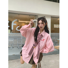 批发实价学院风领带条纹粉色<b class='q'>长袖</b><b class='q'>衬衫</b>女装韩版甜美设计感显瘦百搭上衣