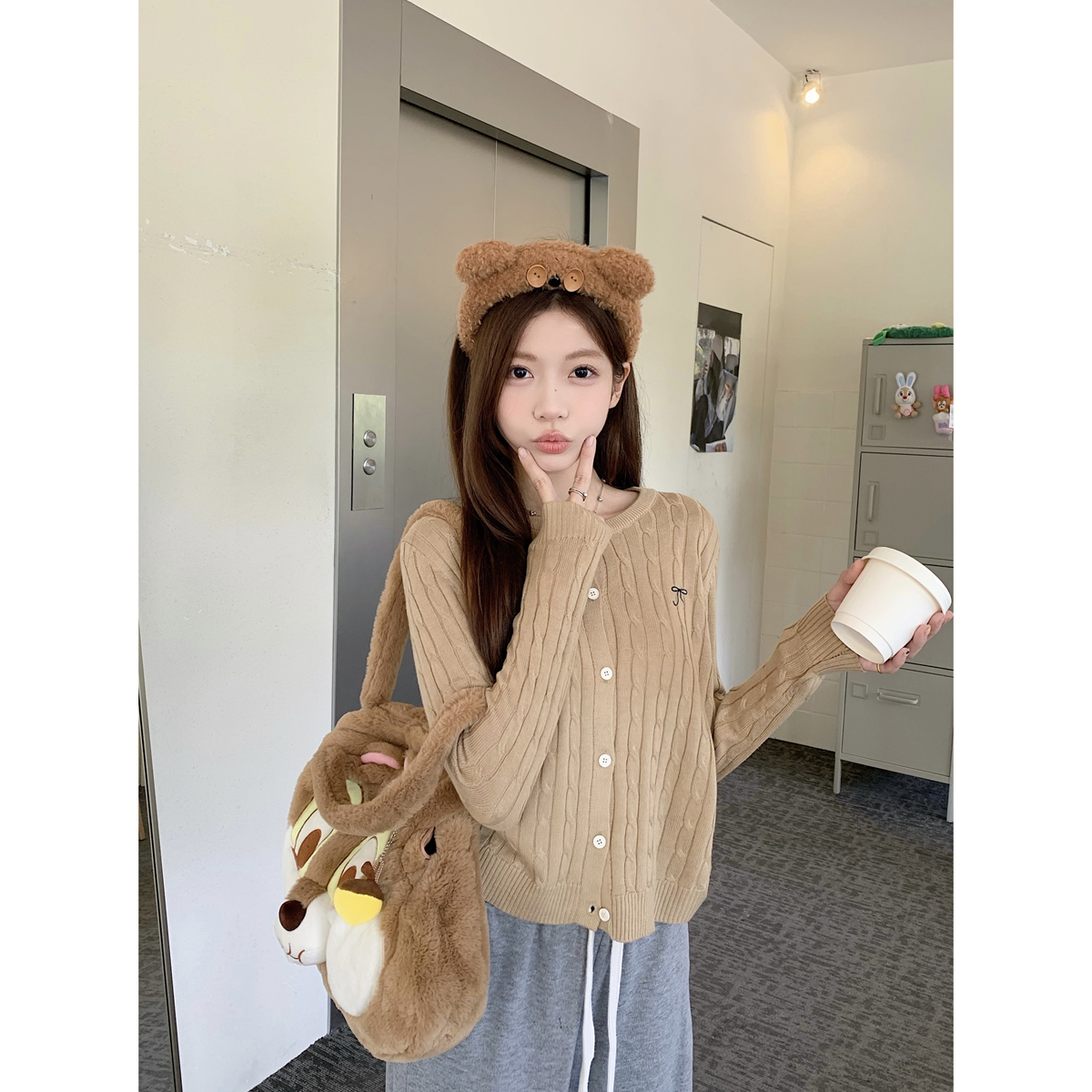 Actual shot of autumn and winter Korean style loose twist versatile bow 6 wool knitted long-sleeved cardigan jacket top