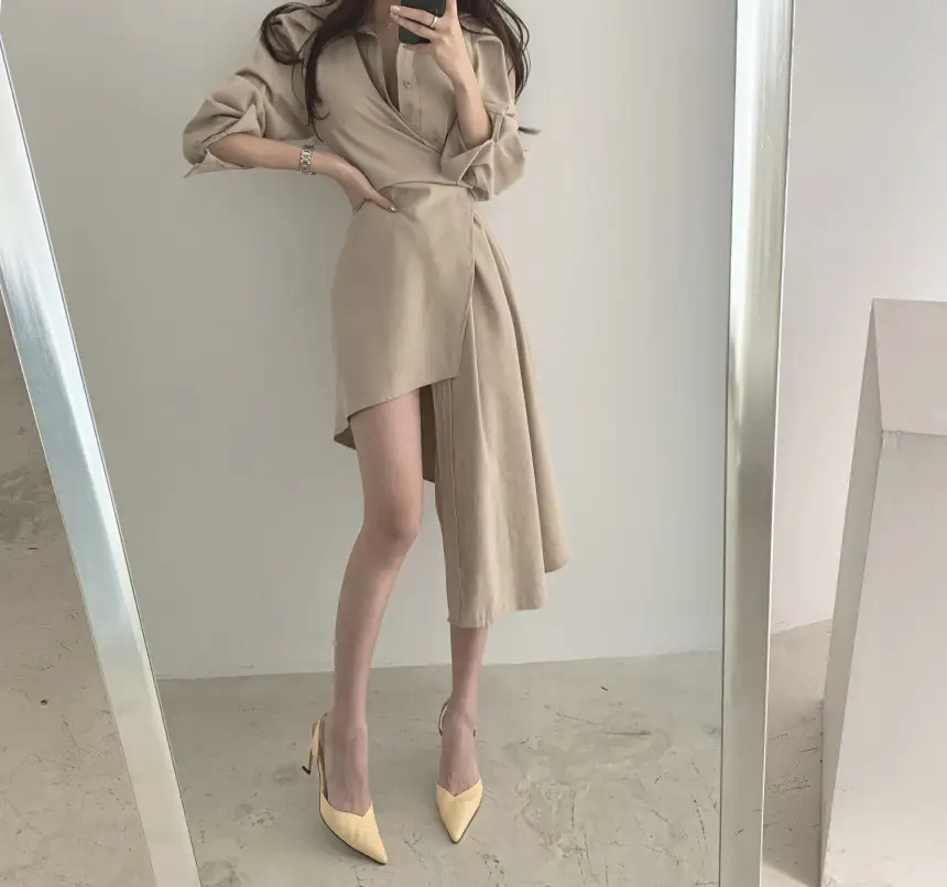 프렌치 스타일 불규칙 허리 디테일 긴소매 원피스 상세 이미지 3