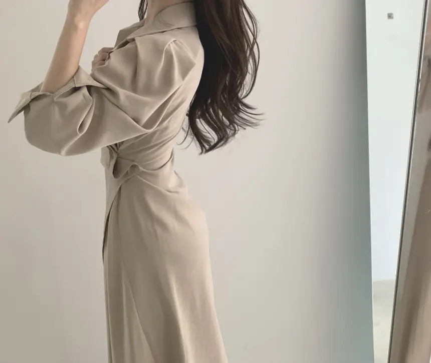 프렌치 스타일 불규칙 허리 디테일 긴소매 원피스 상세 이미지 4