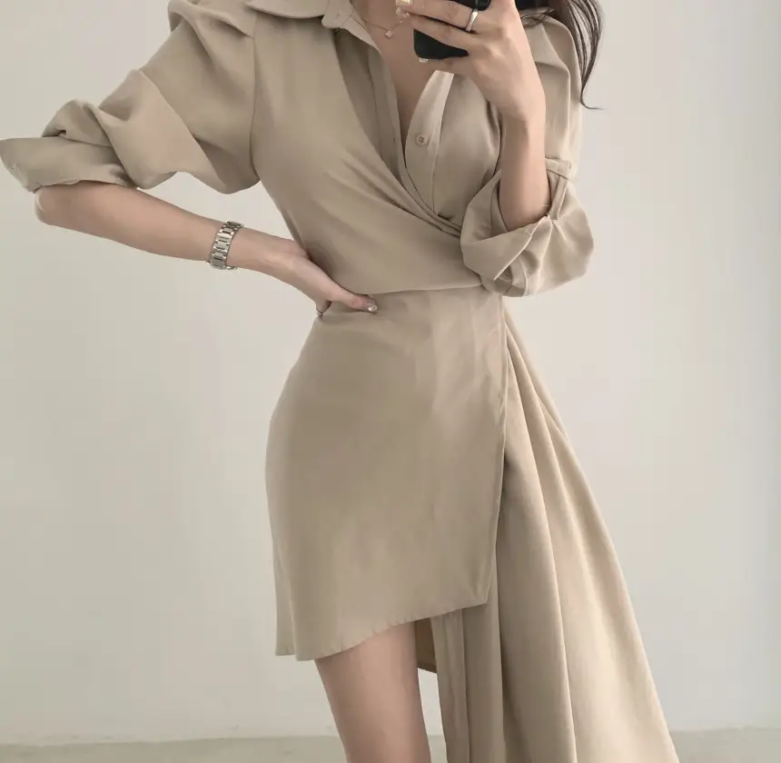프렌치 스타일 불규칙 허리 디테일 긴소매 원피스 상세 이미지 5