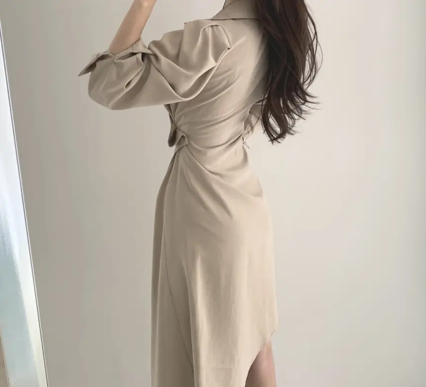 프렌치 스타일 불규칙 허리 디테일 긴소매 원피스 상세 이미지 6