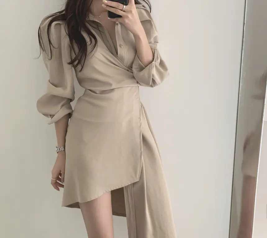 프렌치 스타일 불규칙 허리 디테일 긴소매 원피스 상세 이미지 7