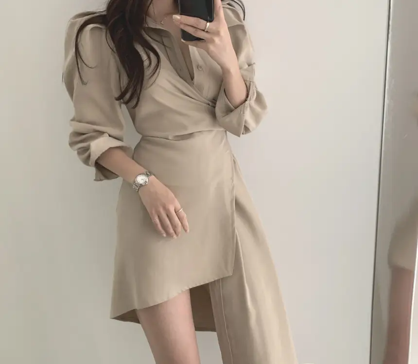 프렌치 스타일 불규칙 허리 디테일 긴소매 원피스 상세 이미지 8