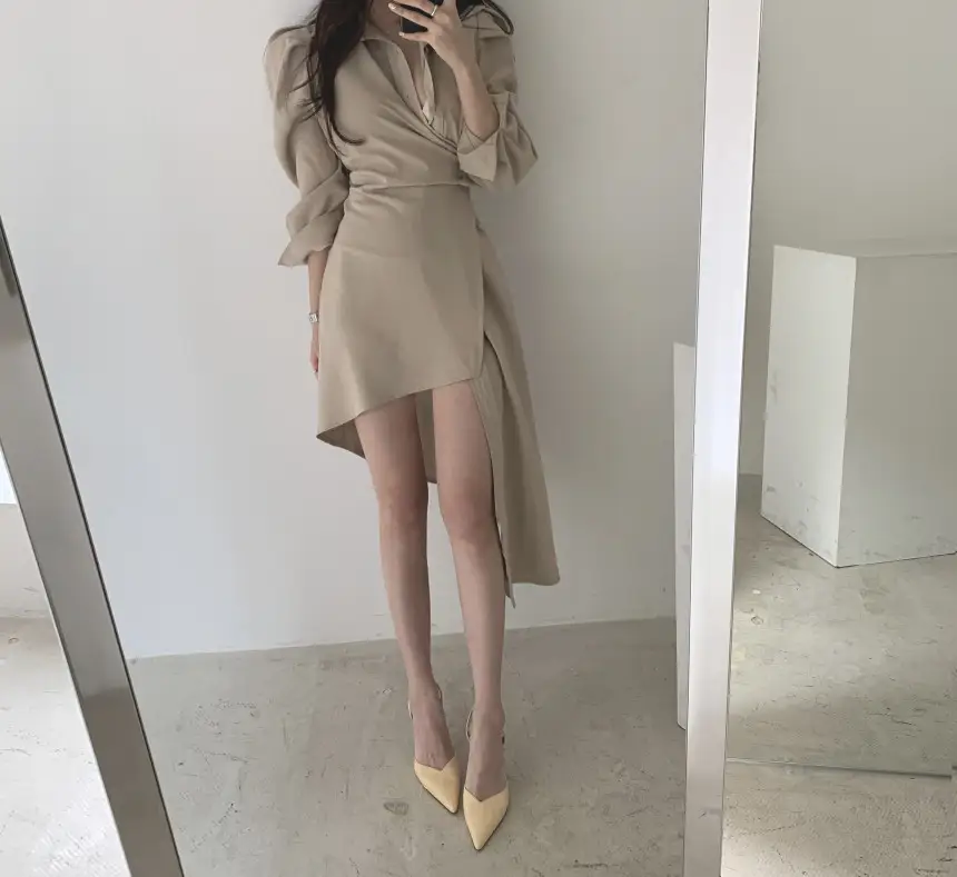 프렌치 스타일 불규칙 허리 디테일 긴소매 원피스 상세 이미지 9