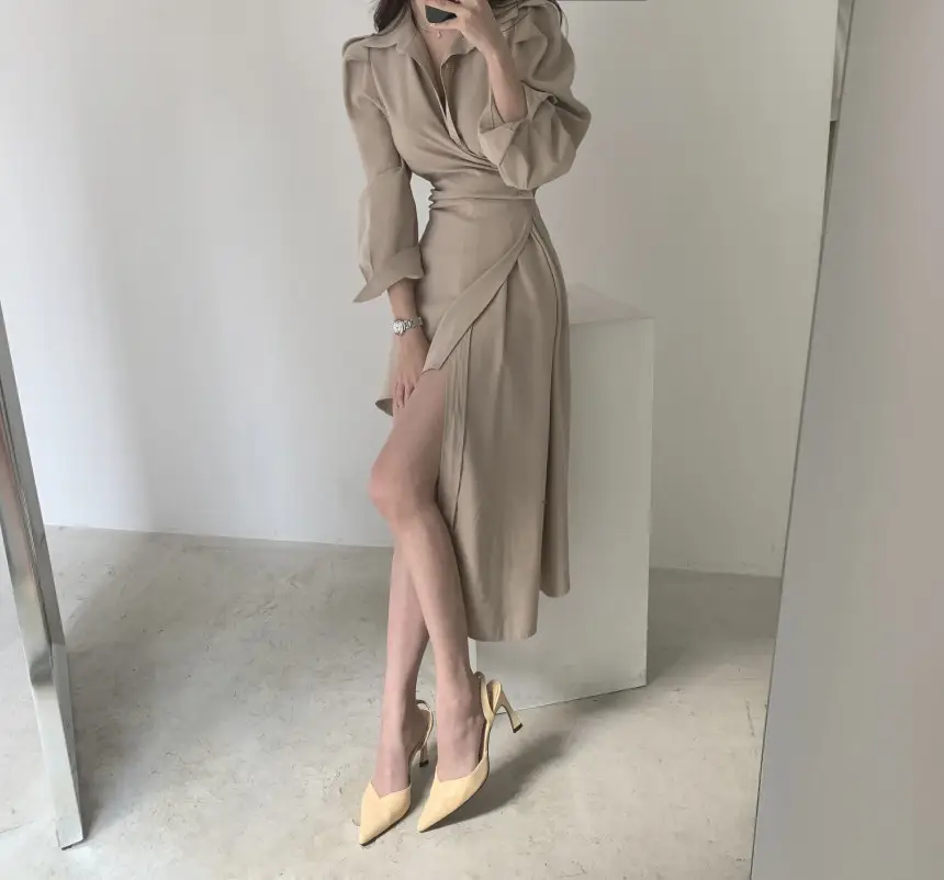 프렌치 스타일 불규칙 허리 디테일 긴소매 원피스 상세 이미지 10