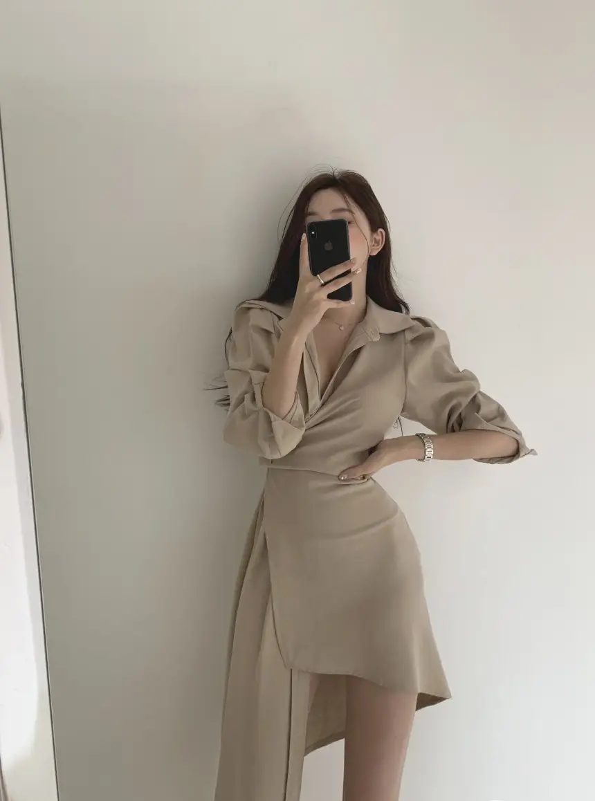 프렌치 스타일 불규칙 허리 디테일 긴소매 원피스 상세 이미지 11