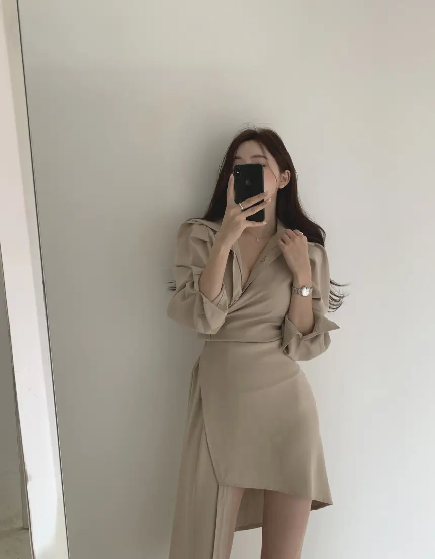 프렌치 스타일 불규칙 허리 디테일 긴소매 원피스 상세 이미지 12