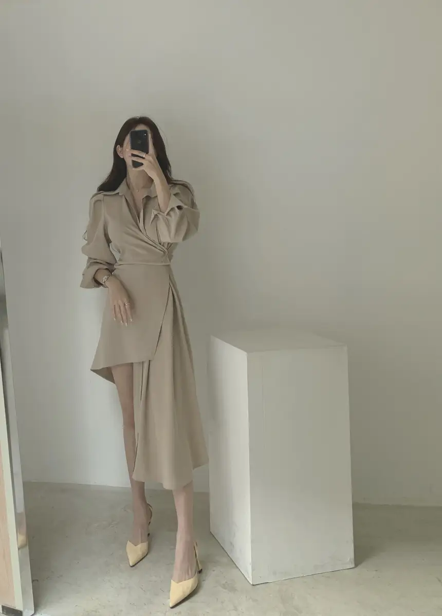 프렌치 스타일 불규칙 허리 디테일 긴소매 원피스 상세 이미지 13