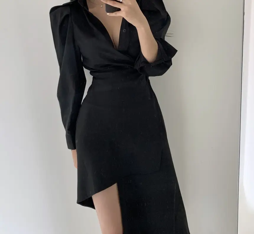프렌치 스타일 불규칙 허리 디테일 긴소매 원피스 상세 이미지 14