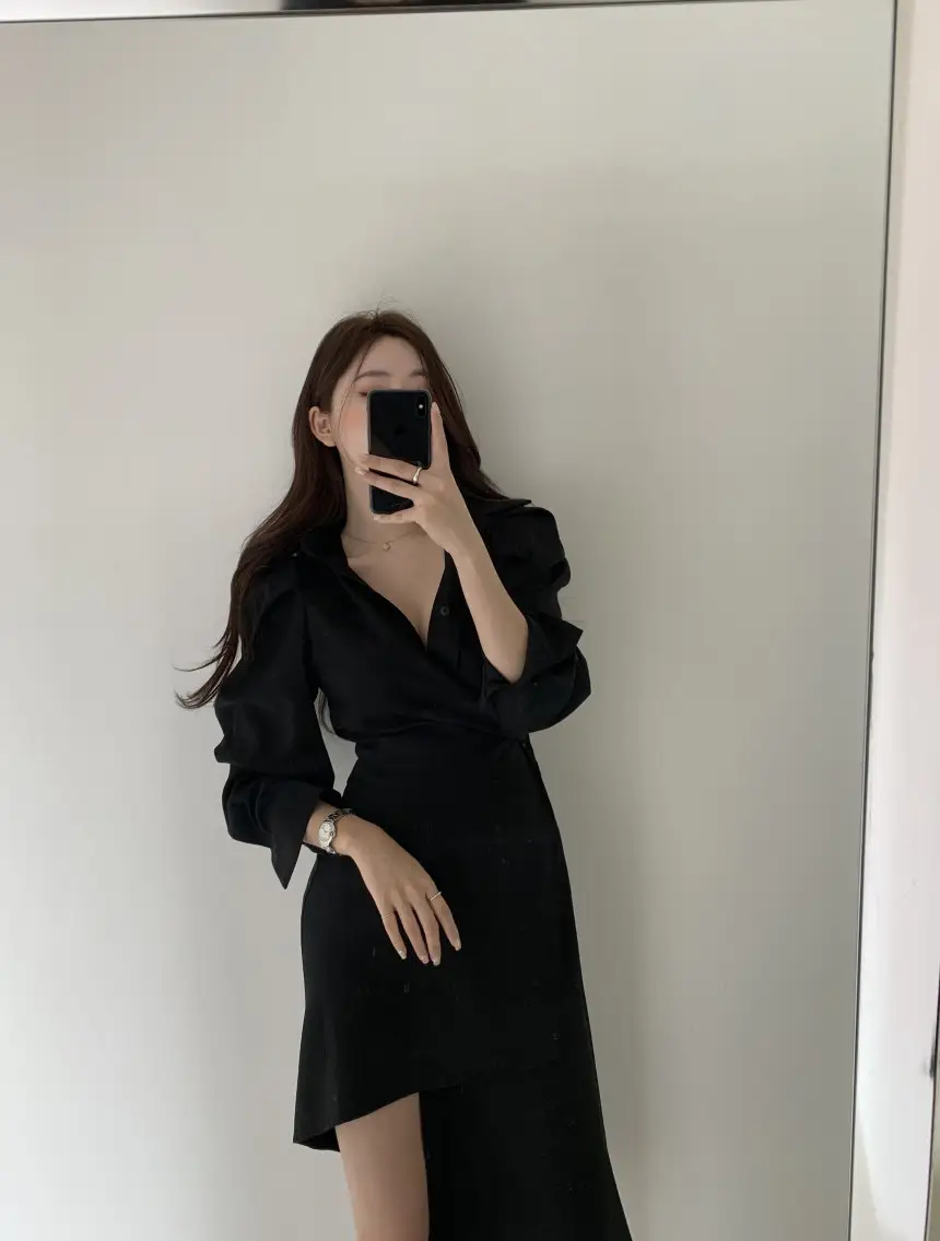 프렌치 스타일 불규칙 허리 디테일 긴소매 원피스 상세 이미지 15