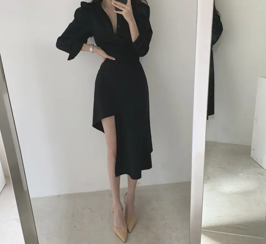 프렌치 스타일 불규칙 허리 디테일 긴소매 원피스 상세 이미지 16
