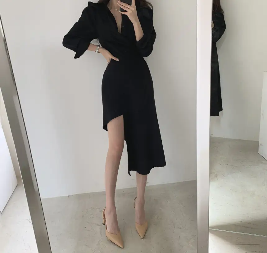 프렌치 스타일 불규칙 허리 디테일 긴소매 원피스 상세 이미지 17