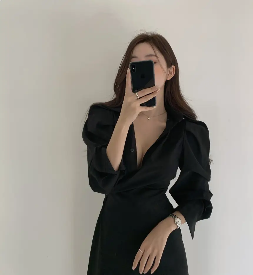 프렌치 스타일 불규칙 허리 디테일 긴소매 원피스 상세 이미지 18