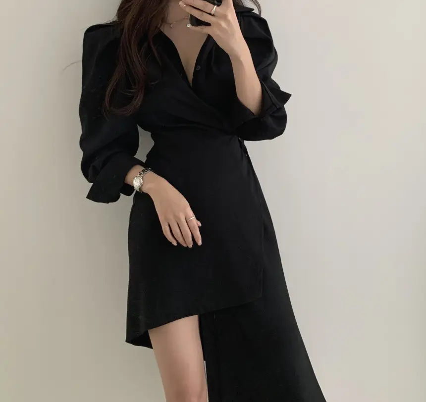 프렌치 스타일 불규칙 허리 디테일 긴소매 원피스 상세 이미지 19