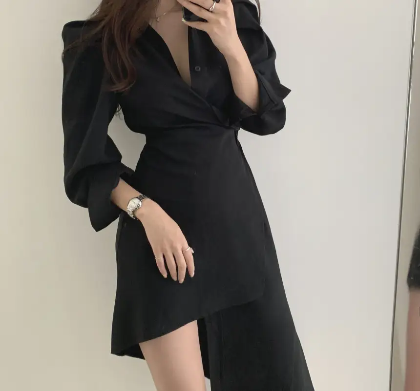 프렌치 스타일 불규칙 허리 디테일 긴소매 원피스 상세 이미지 20