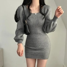 批发已出货韩国chic小众<b class='q'>泡泡袖</b>方领针织<b class='q'>连衣裙</b>女修身显瘦灯笼袖包臀裙